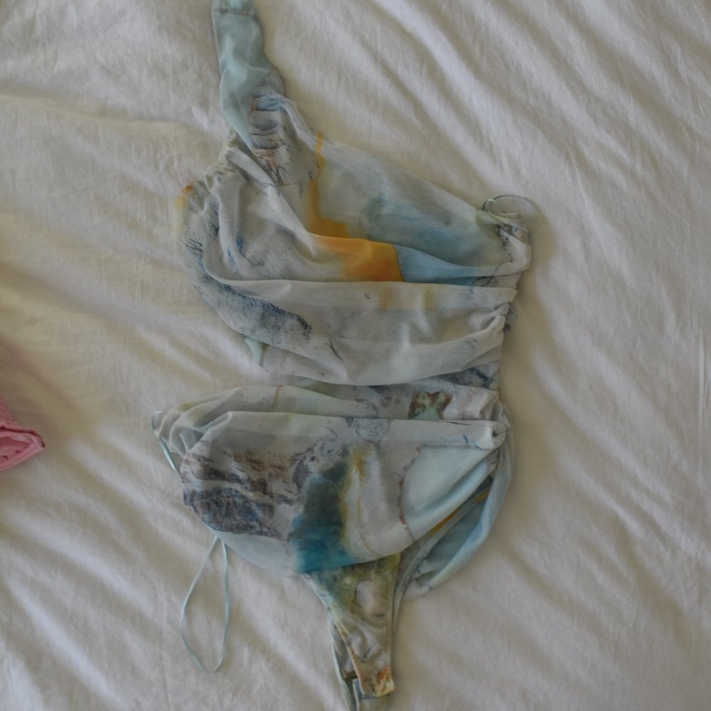ZARA mesh blue and orange cut out one shoulder bodysuit